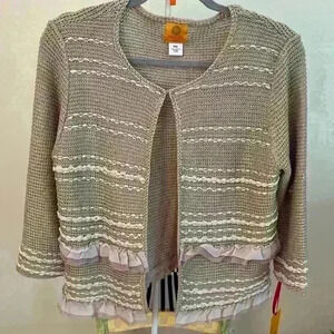 Ruby Red Cardigan size PXL. Neutral colors of ivory/beige ruffles on body.